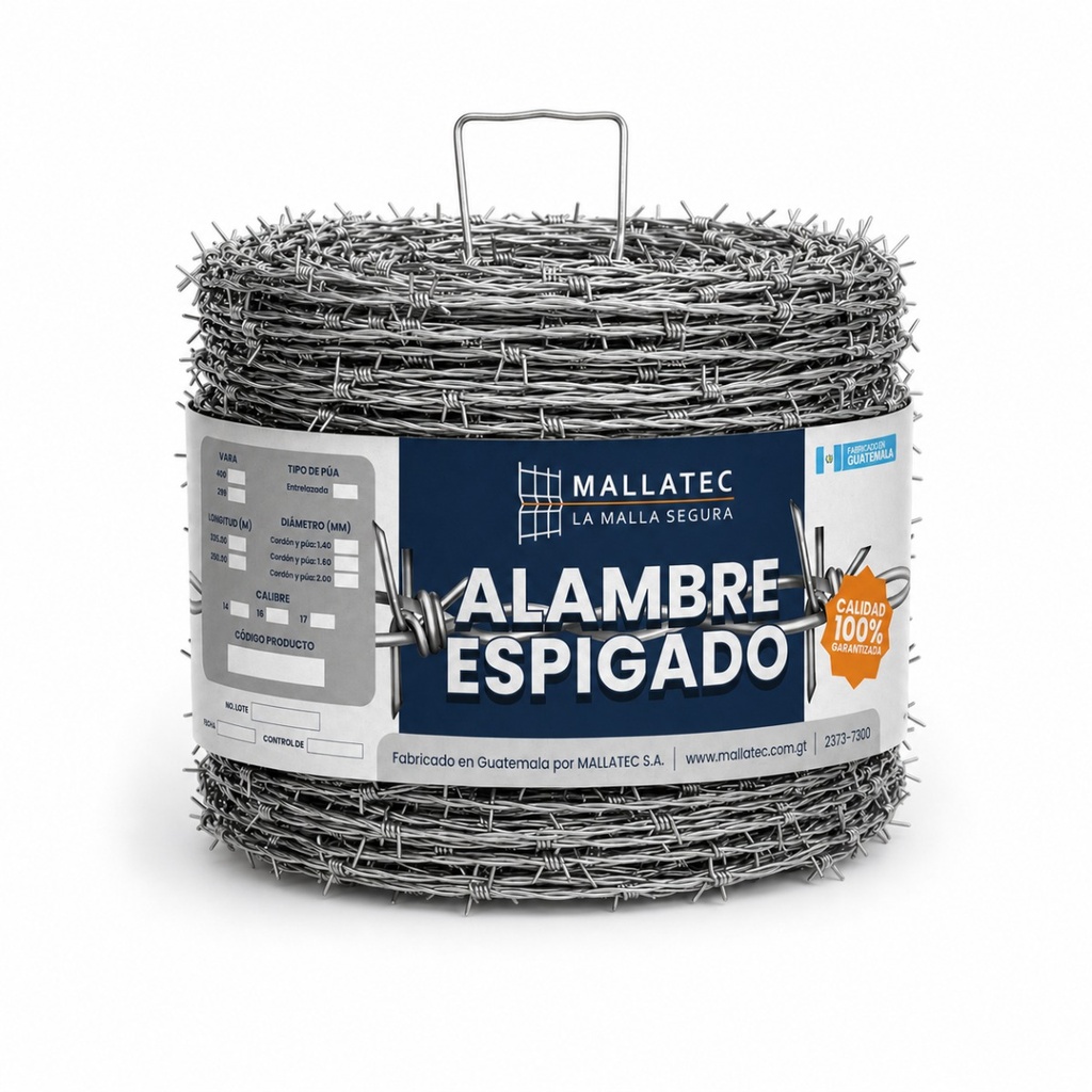 Alambre espigado Mallatec — Rollo de 300 varas (250 m) — Calibre 16 — 1.63 mm