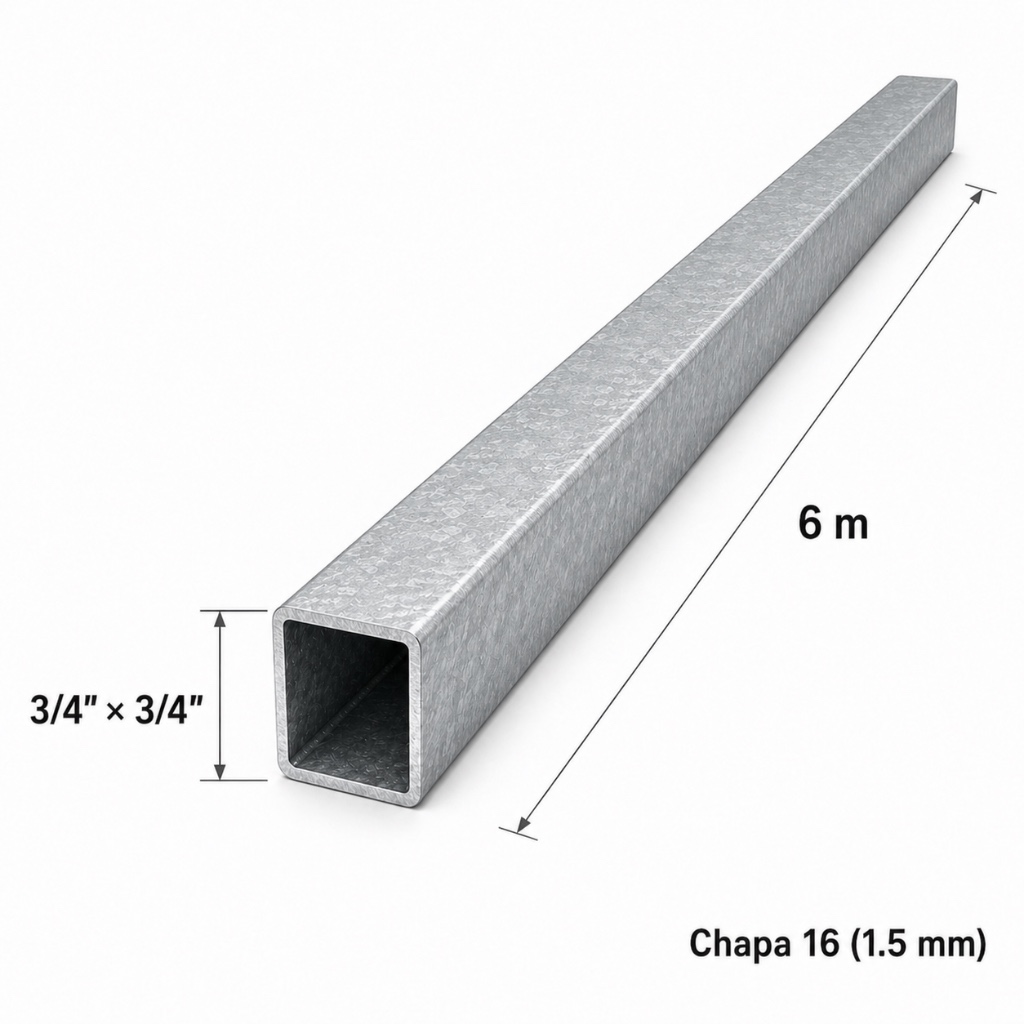 Tubo cuadrado 3/4" — Tubo completo (6m) — Galvanizado
