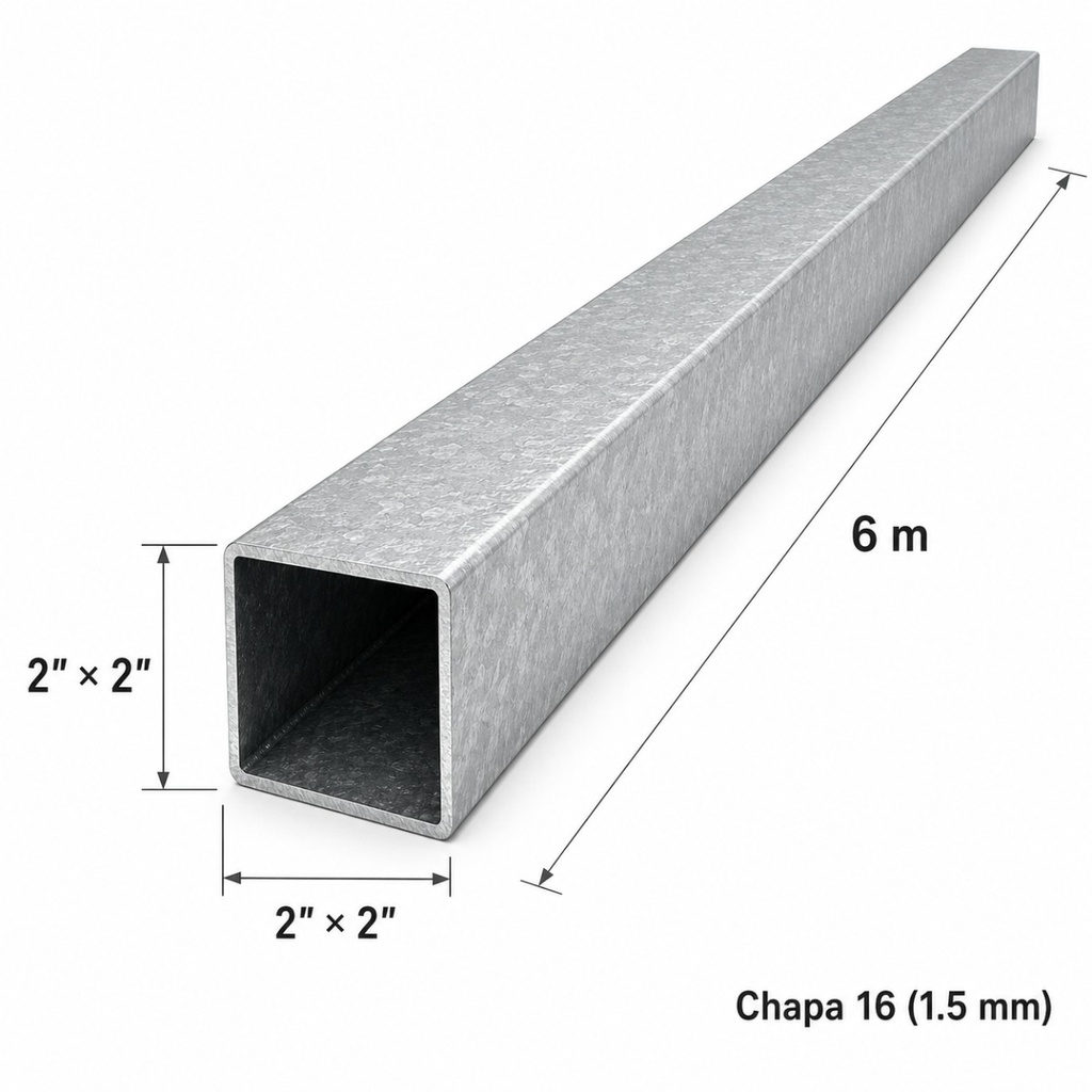 Tubo cuadrado 2"×2" — Tubo completo (6m) — Galvanizado