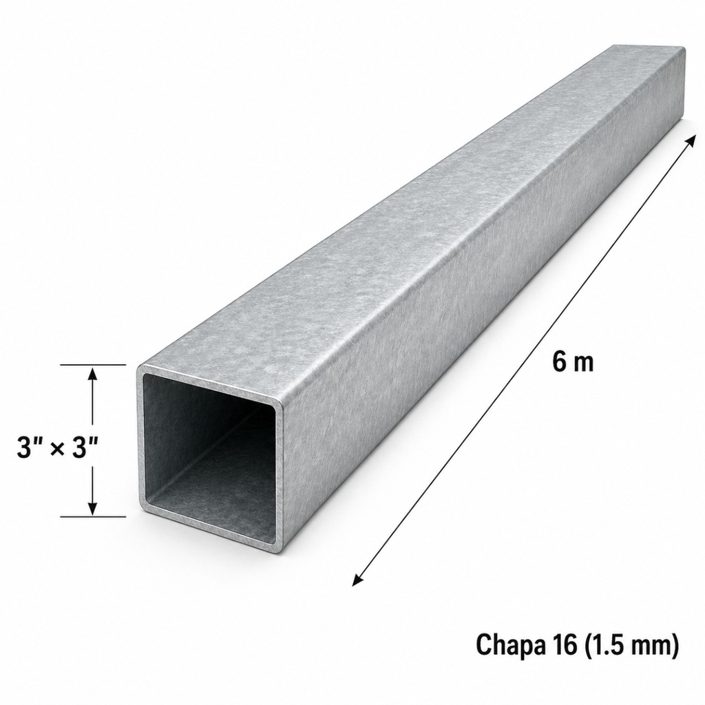 Tubo cuadrado 3"×3" — Tubo completo (6m) — Galvanizado